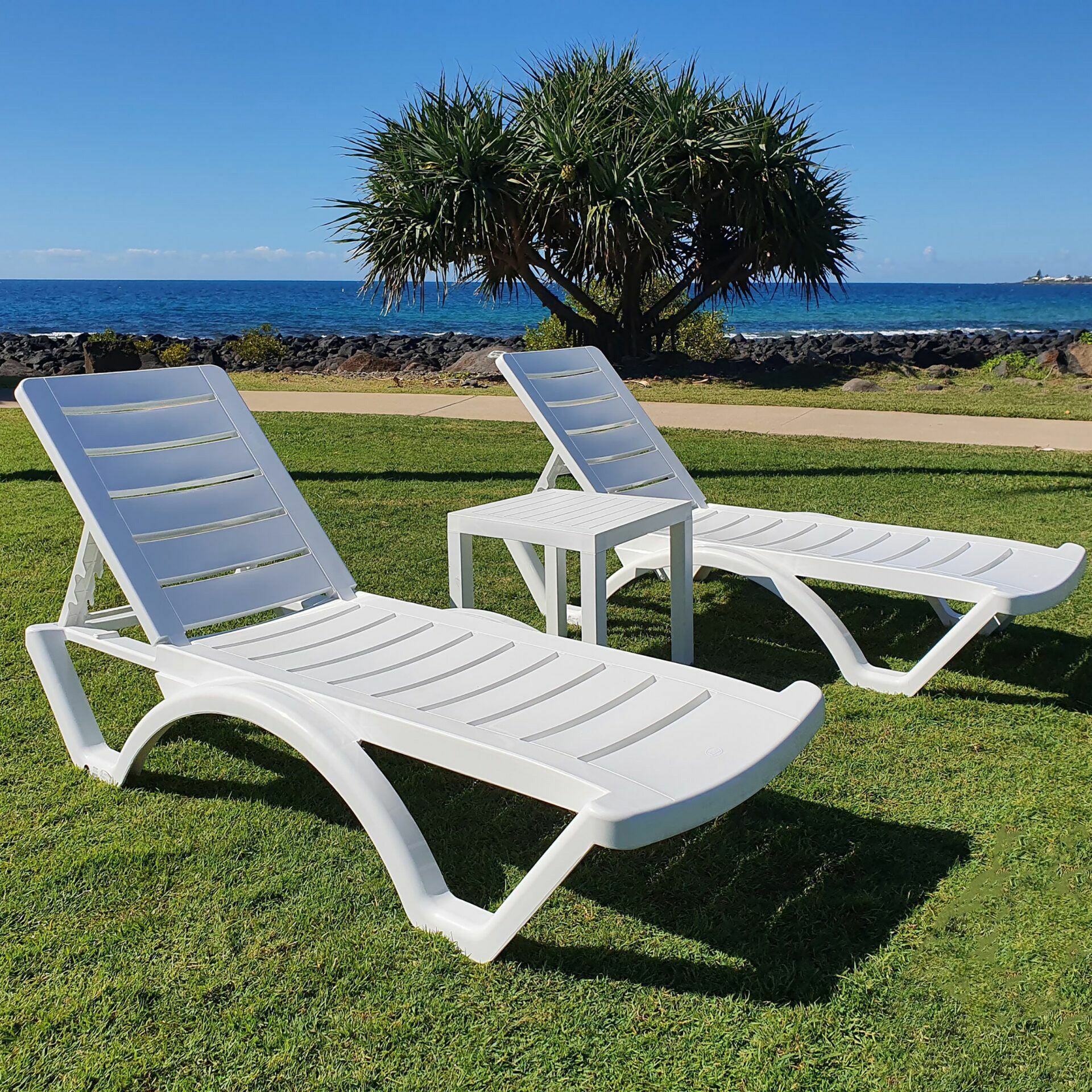 Bali Sunlounger 3 Piece Package with Side Table - White