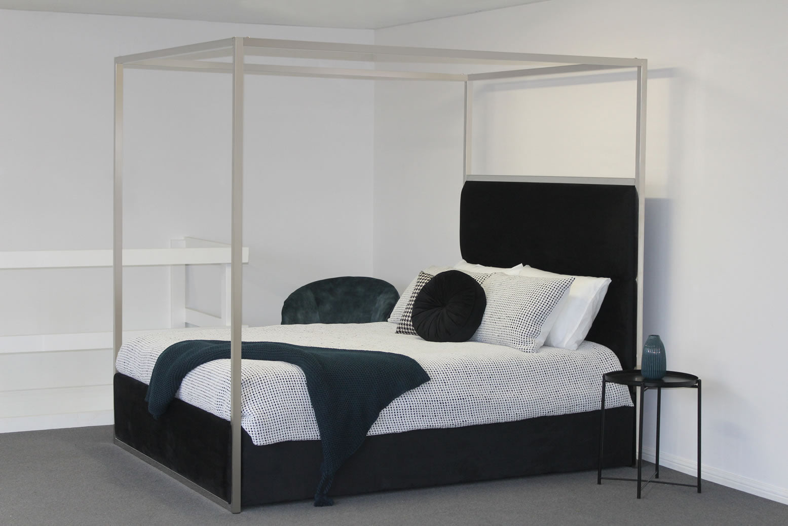 Jordana Queen Canopy Bed - Chrome 4 Poster - Black Velvet