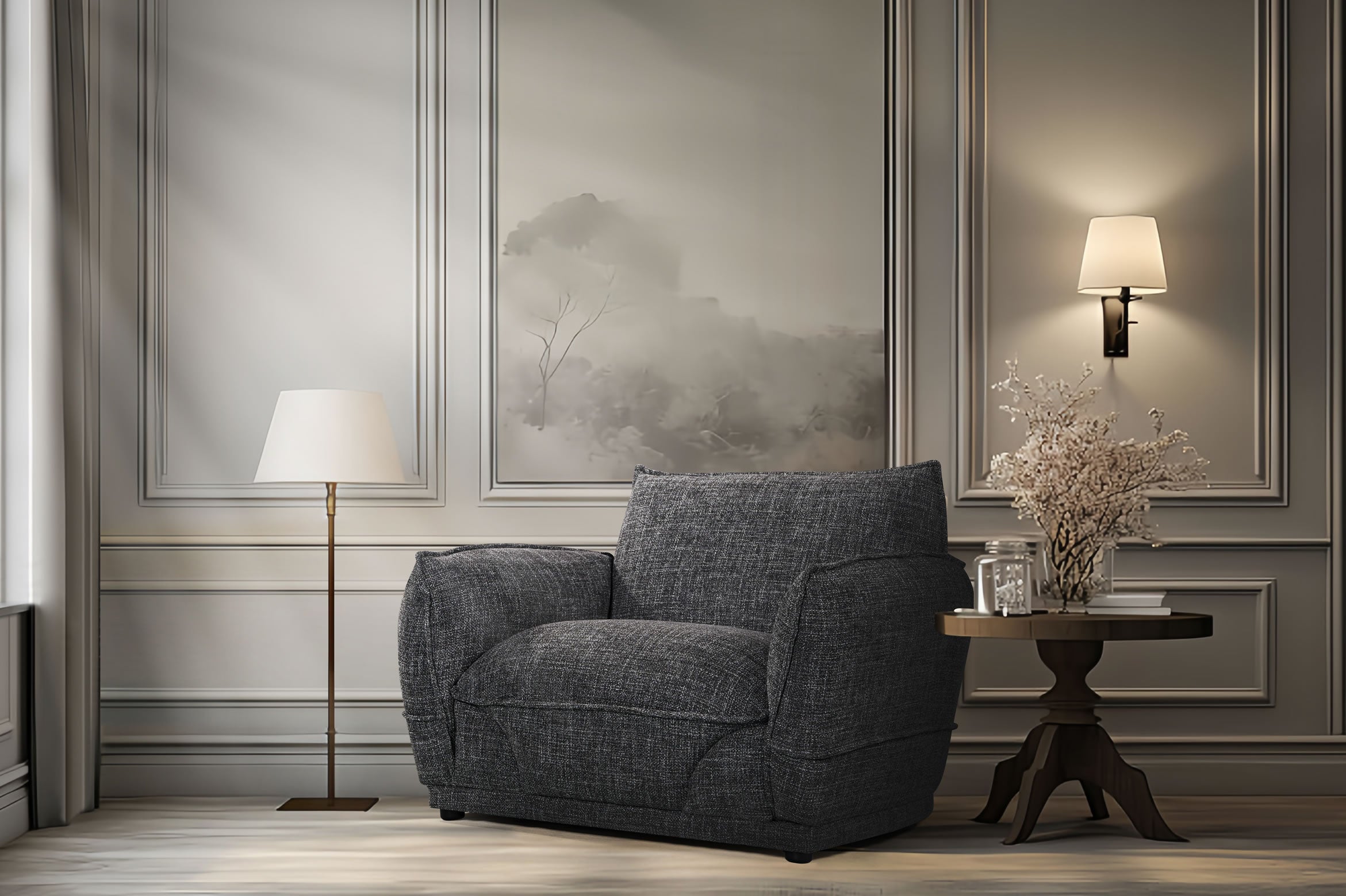 Mojan 1975 Armchair Upholstered - Black and Grey Melange Fabric