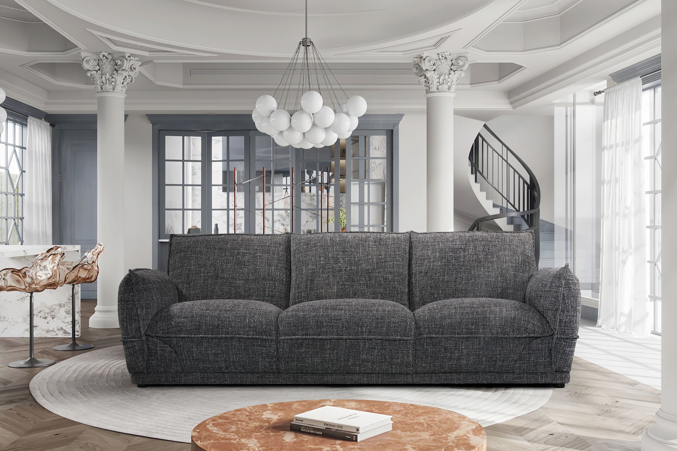 Modo 1975 3 Seater Sofa Upholstered - Black and Grey Melange Fabric