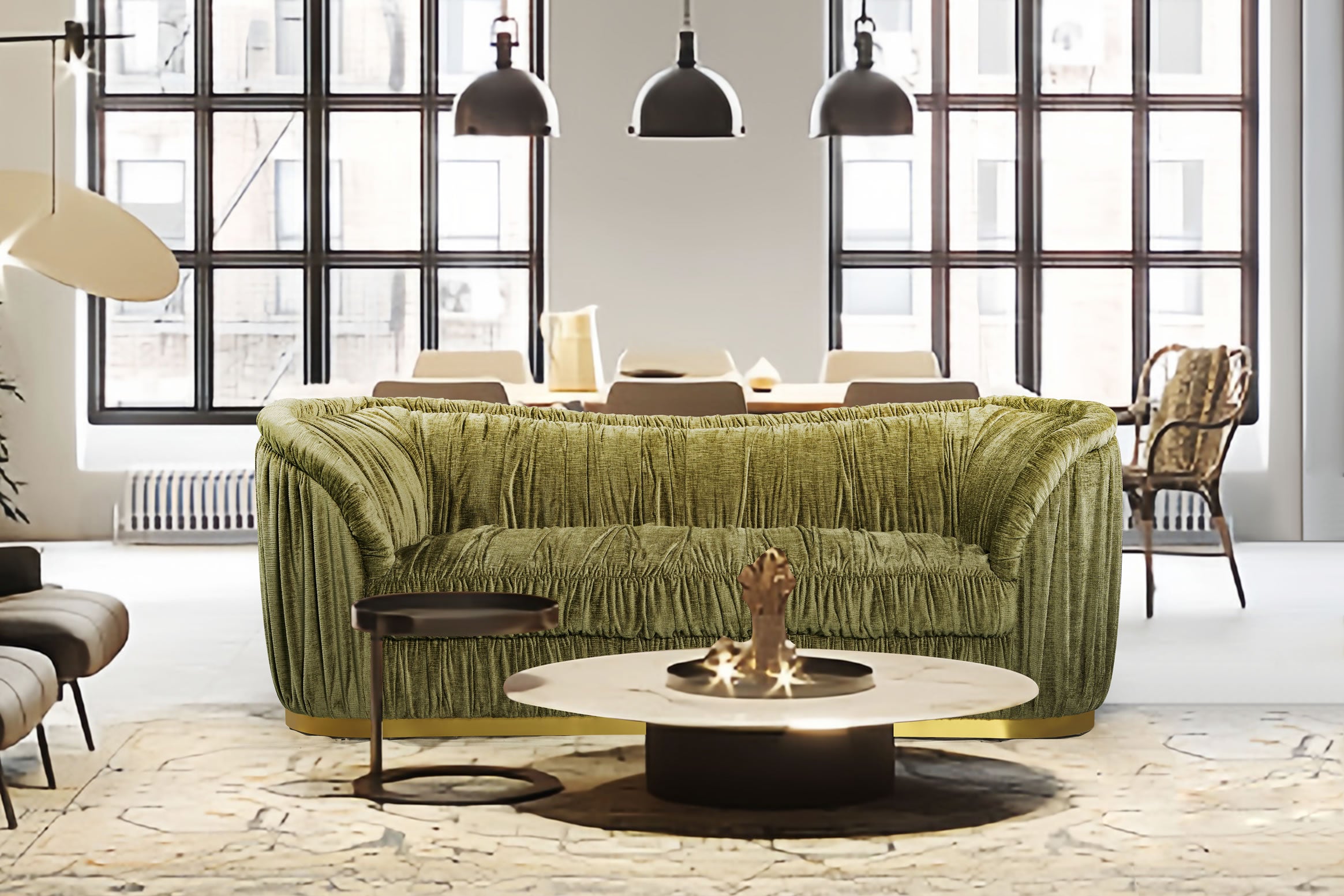 Velmore 3 Seater Sofa - Sage Chenille Upholstery Gold base