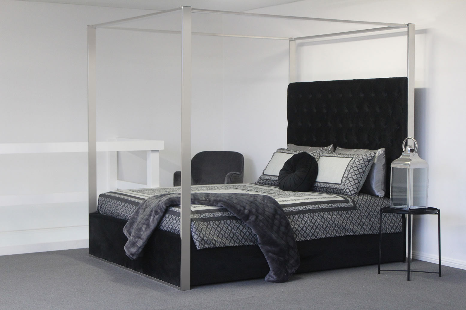 Alexandria Queen Canopy Bed - Chrome 4 Poster - Black Velvet