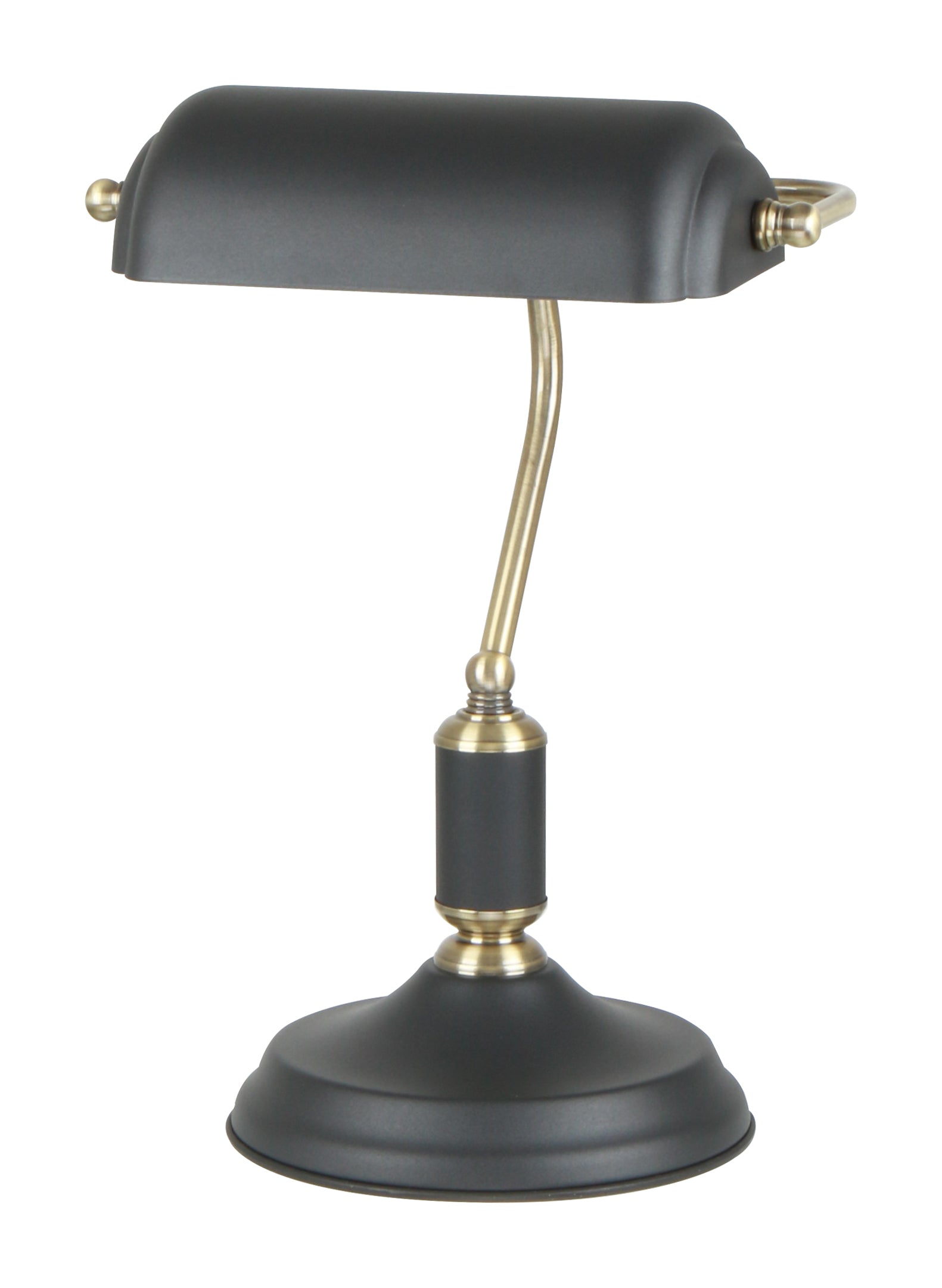 Table Bankers Lamp ES Matt Black Metal Cylindrical Shade W/Ant Brass Highlight Adjustable Head
