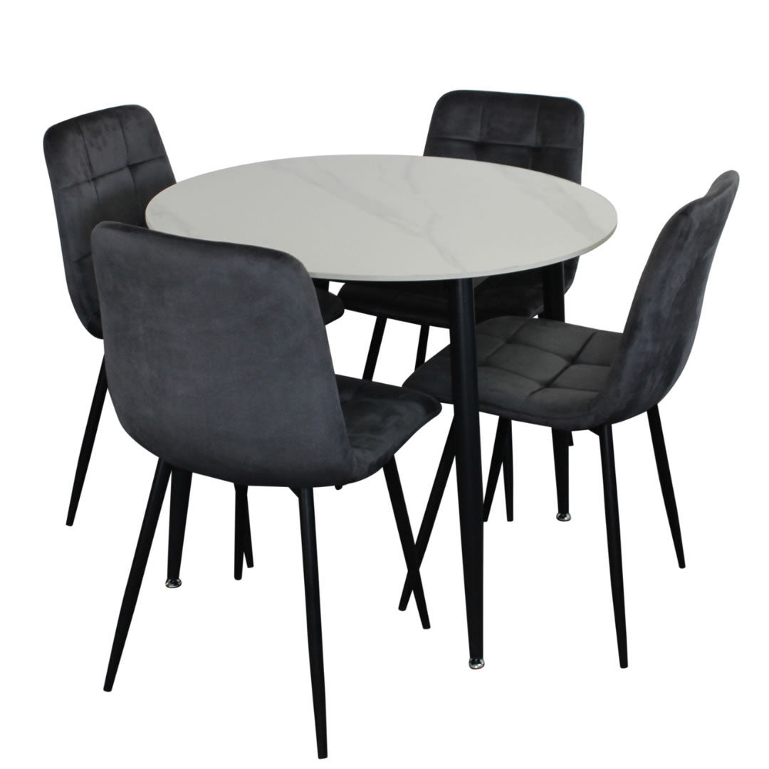 Fiorenza 5 Piece Round Dining Set - White Marble/Grey Velvet Chairs