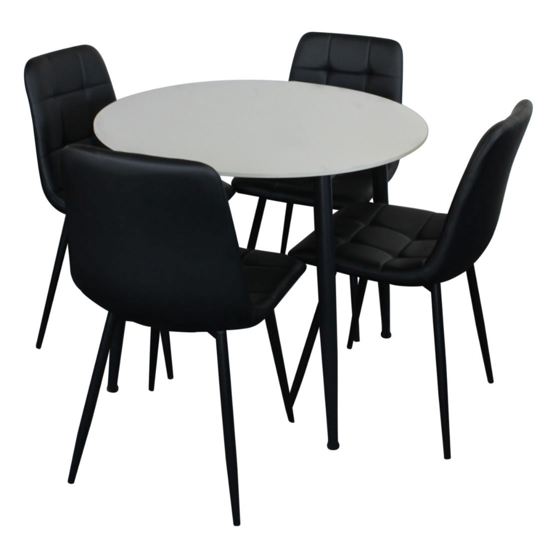 Fiorenza 5 Piece Round Dining Set - White Marble/Black Faux Leather Chairs