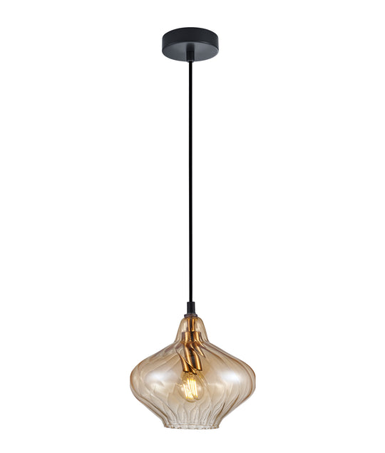 Pendant SES 72W Amber Wine Glass Ribbed W/Brass Highlight OD 180 X H190mm