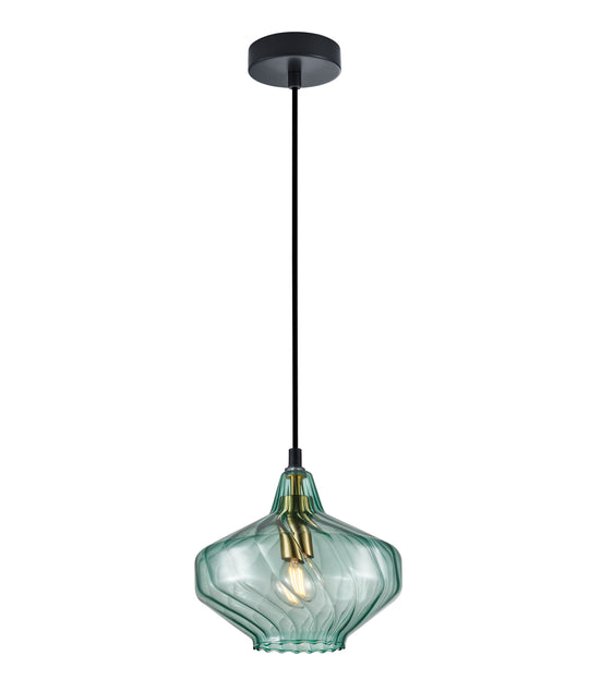 Pendant SES 72W Green Wine Glass Ribbed W/Brass Highlight OD 180 X H190mm