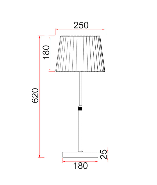 Table ES White Slanted/Pleated Shade OD 250mm W/Chrome & Whiteadjustable ROD & Round Base