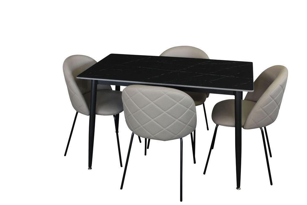 Fiorenza 5 Piece 120x70cm Dining Set - Black Marble w Floriz Technology Fabric Chairs