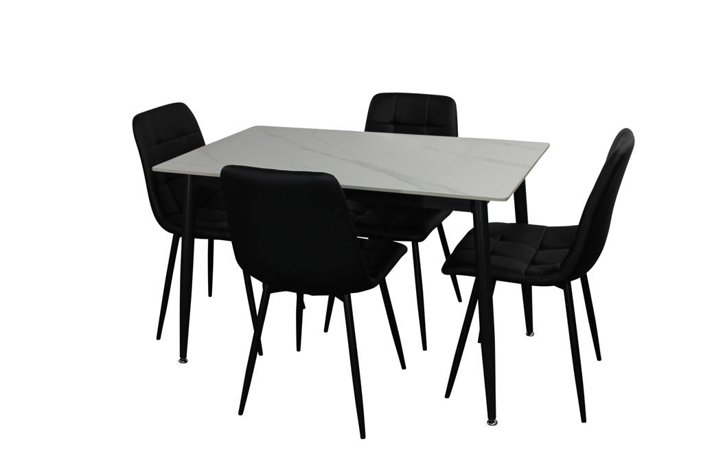 Fiorenza 5 Piece 120x70cm Dining Set - White Marble/Black Faux Leather Chairs