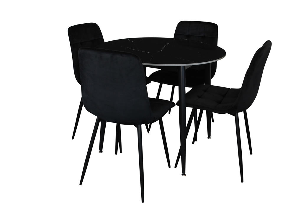 Fiorenza 5 Piece Round Dining Set - Black Marble/Black Velvet Chairs