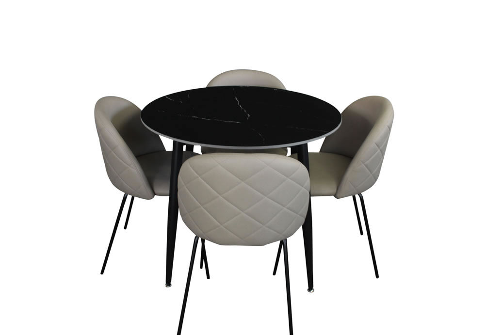 Fiorenza 5 Piece Round Dining Set - Black Marble w Floriz Technology Fabric Chairs
