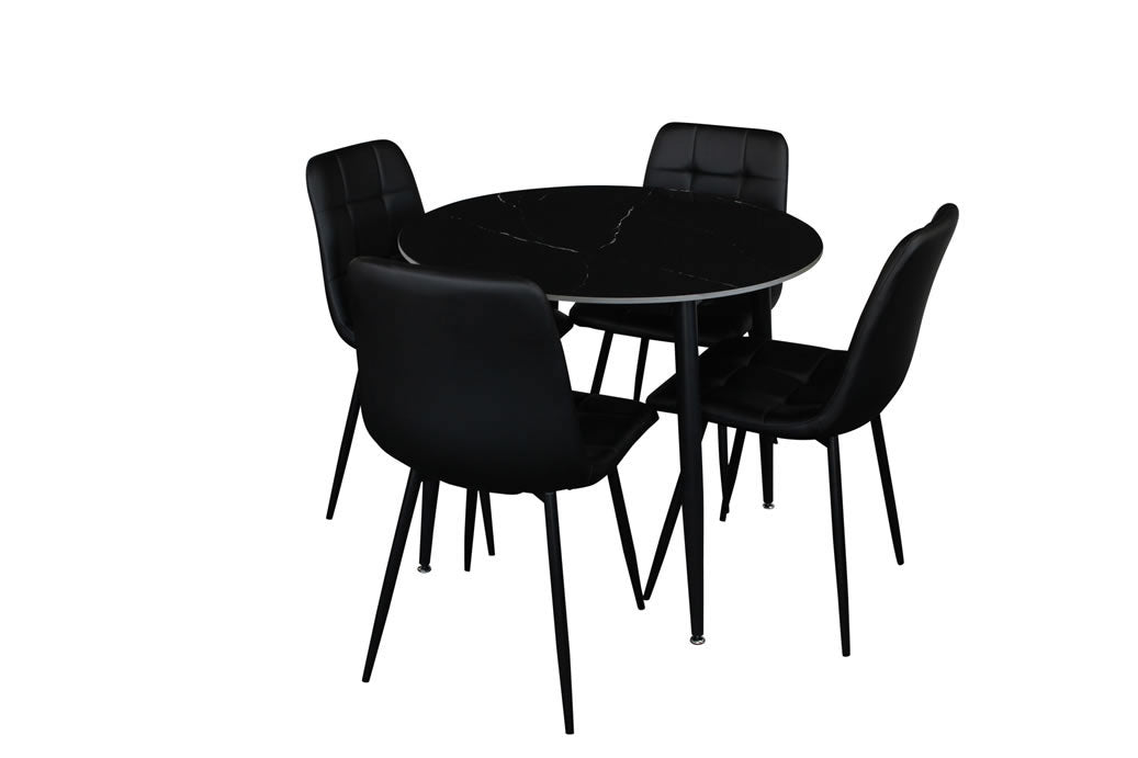 Fiorenza 5 Piece Round Dining Set - Black Marble/Black Faux Leather Chairs