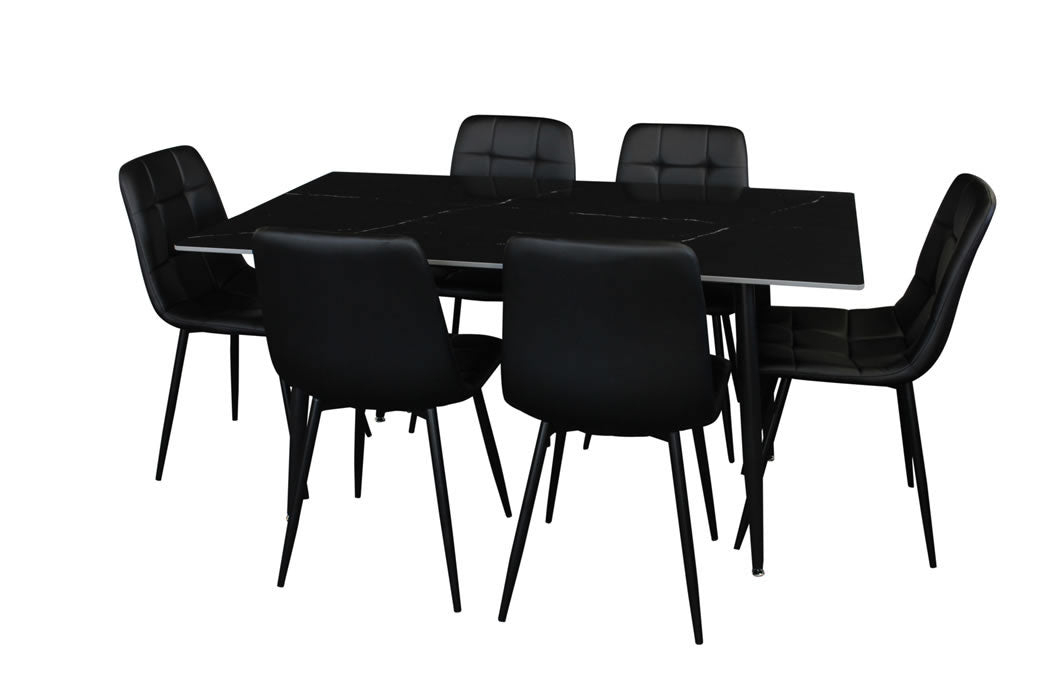 Fiorenza 7 Piece Dining Set - Black Marble/Black Faux Leather Chairs
