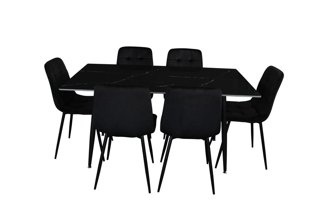 Fiorenza 7 Piece Dining Set - Black Marble/Black Velvet Chairs