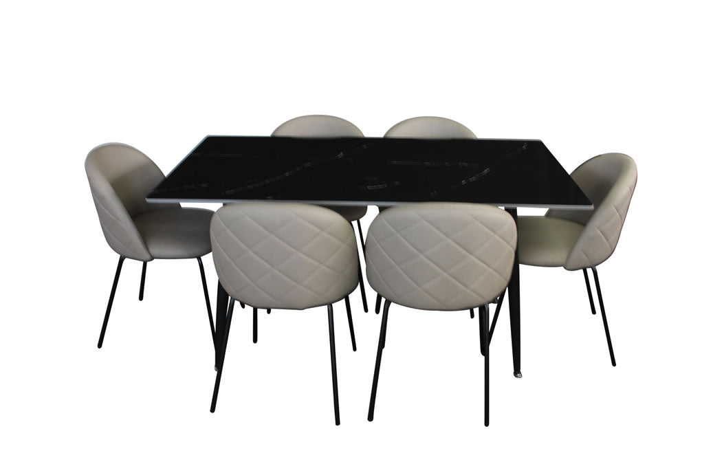 Fiorenza 7 Piece Dining Set - Black Marble w Floriz Technology Fabric Chairs