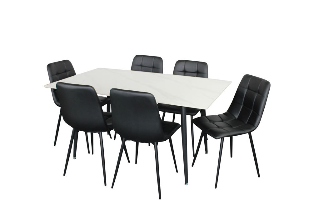 Fiorenza 7 Piece Dining Set - White Marble/Black Faux Leather Chairs