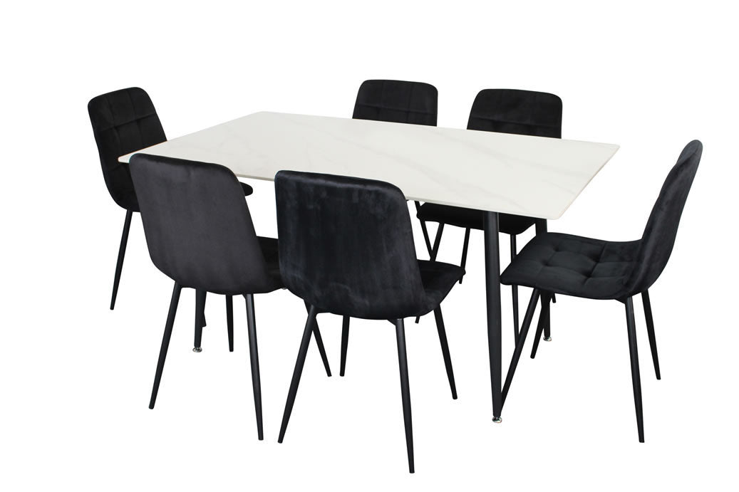 Fiorenza 7 Piece Dining Set - White Marble/Black Velvet Chairs