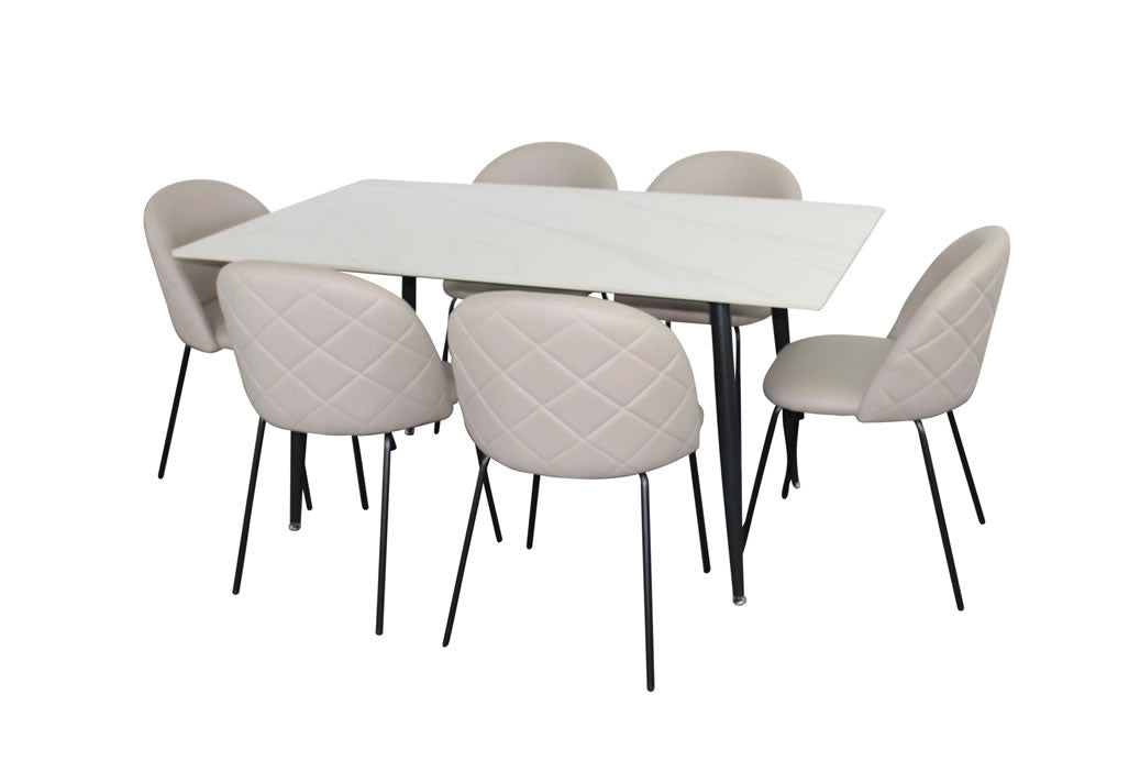 Fiorenza 7 Piece Dining Set - White Marble w Floriz Technology Fabric Chairs