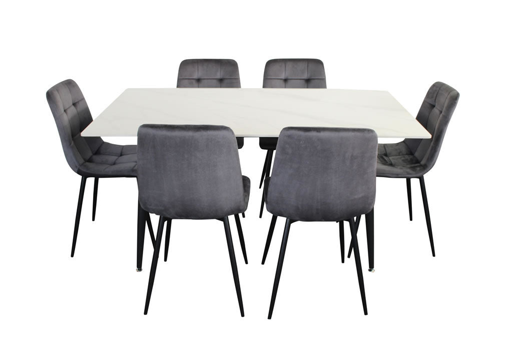 Fiorenza 7 Piece Dining Set - White Marble/Grey Velvet Chairs