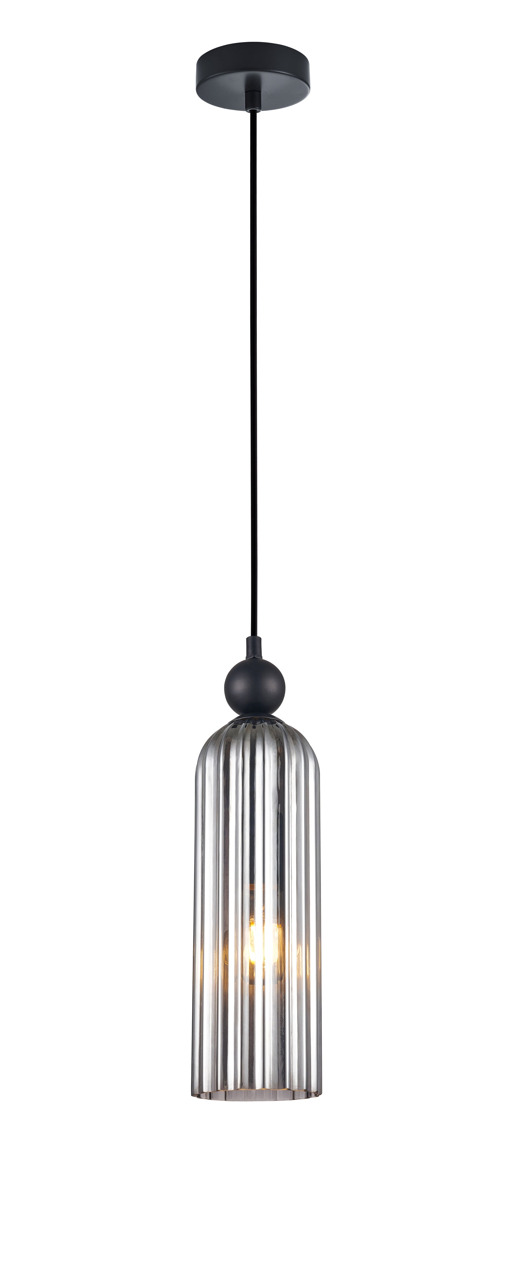Pendant SES Smokey Black Glass (Mirror Finish) & Black Highlight Round Top Cylinder Ribbed OD 100mm