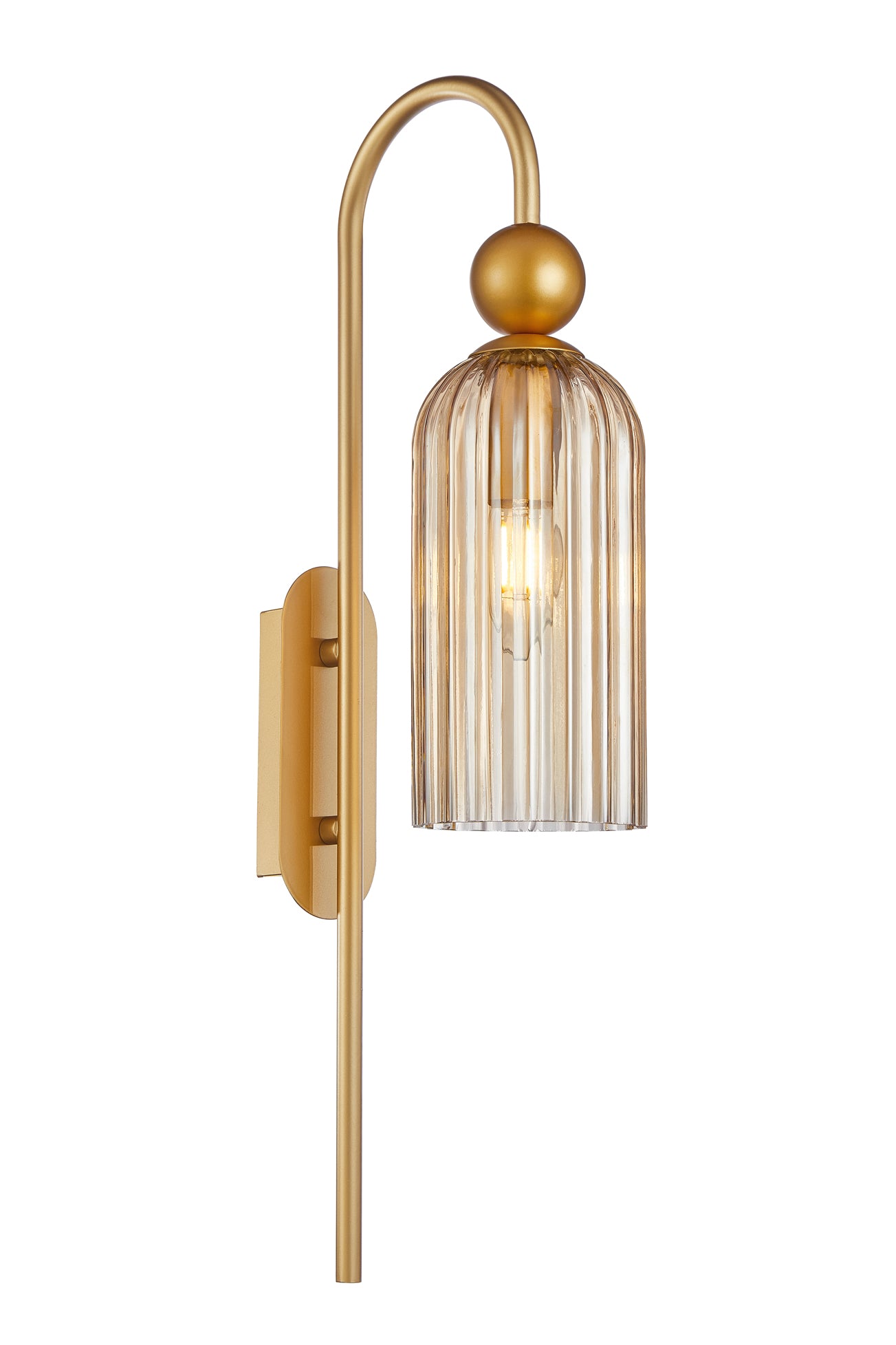 Wall Int S/M SES Ribbed Amber Glass & Gold Hardwire Round Top Cylinder