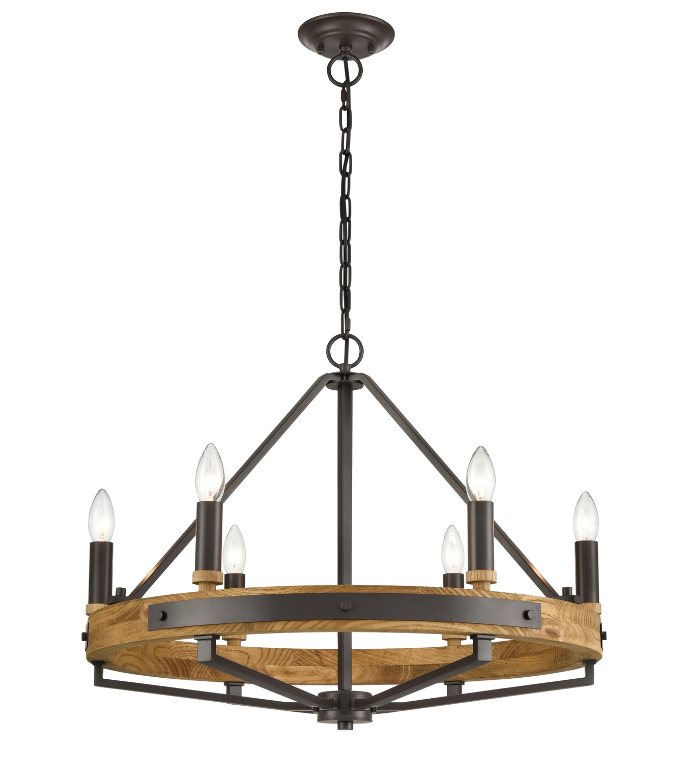 Pendant SESx6 Small OD 662mm Candelabra Natural Wood & Oil Rubbed Bronze Hardware