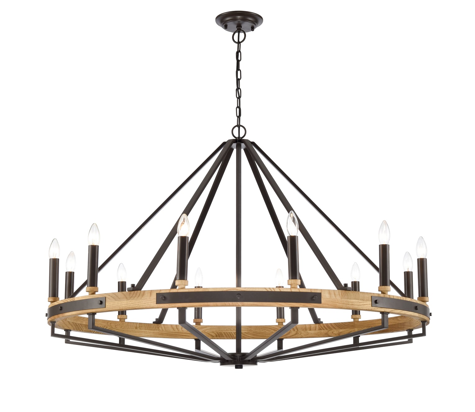 Pendant SESx12 Large OD 1212mm Candelabra Natural Wood & Oil Rubbed Bronze Hardware