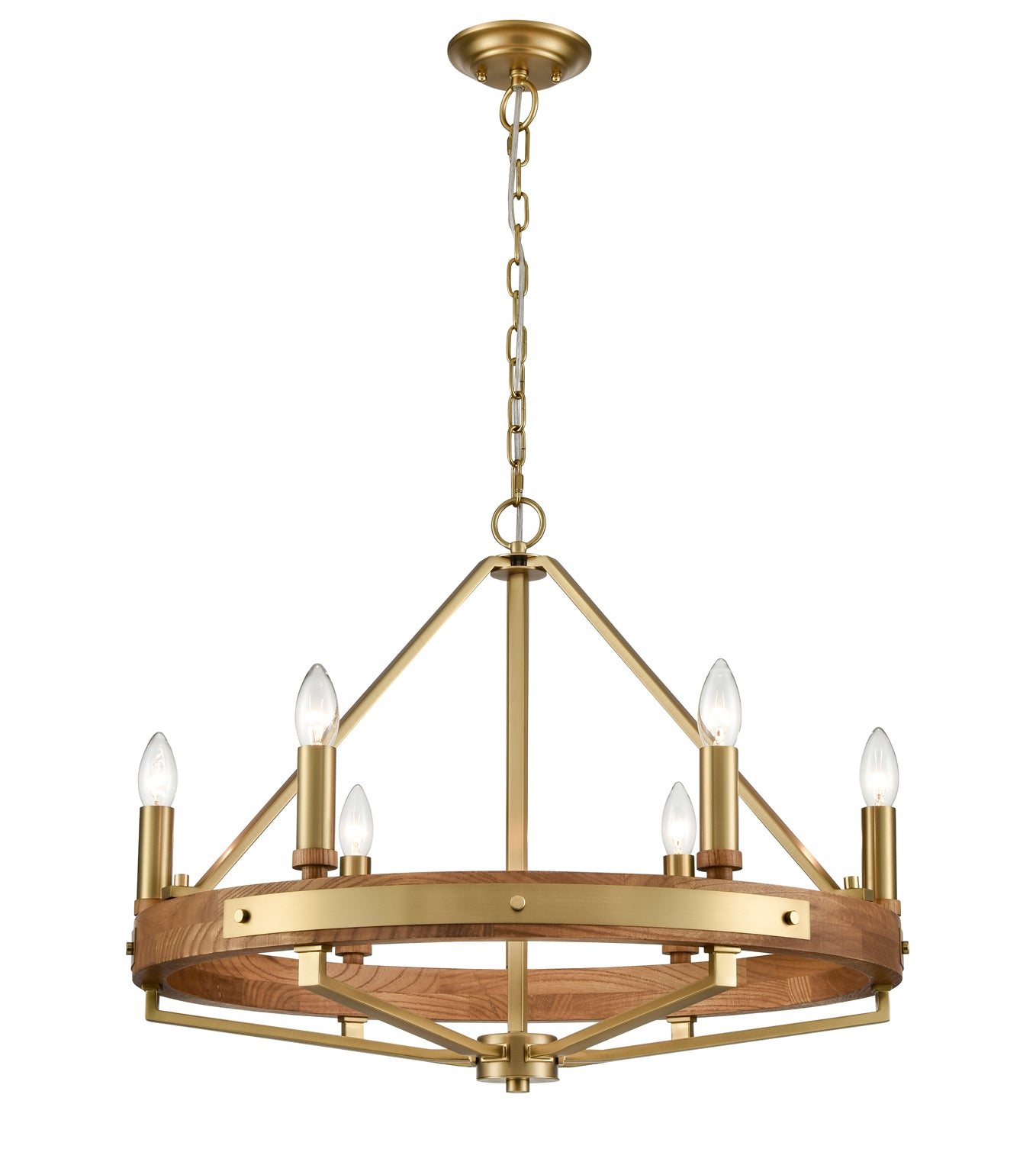 Pendant SESx6 Small OD 662mm Candelabra Medium Oak Wood & Satin Brass Hardware