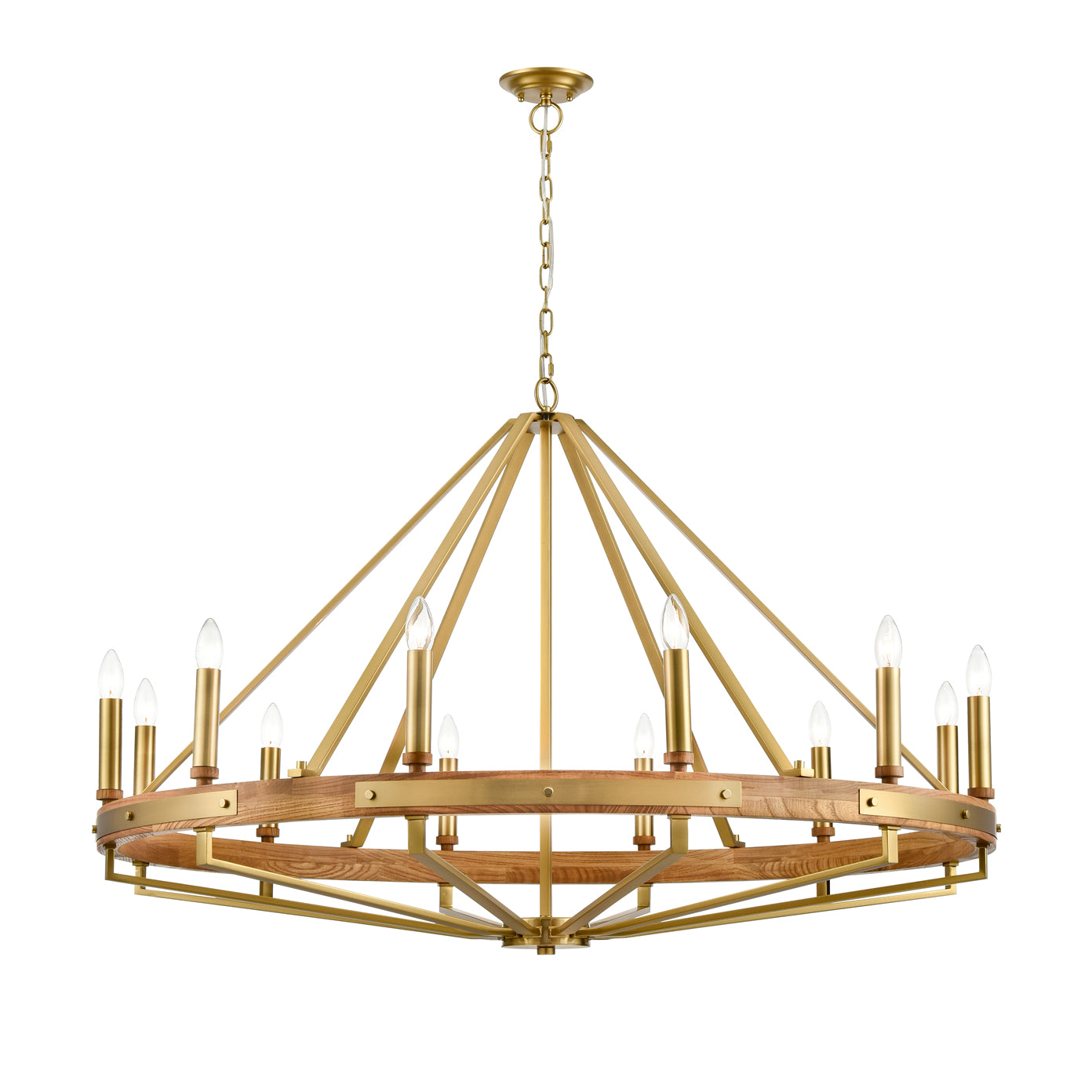 Pendant SESx12 Large OD 1212mm Candelabra Medium Oak Wood & Satin Brass Hardware