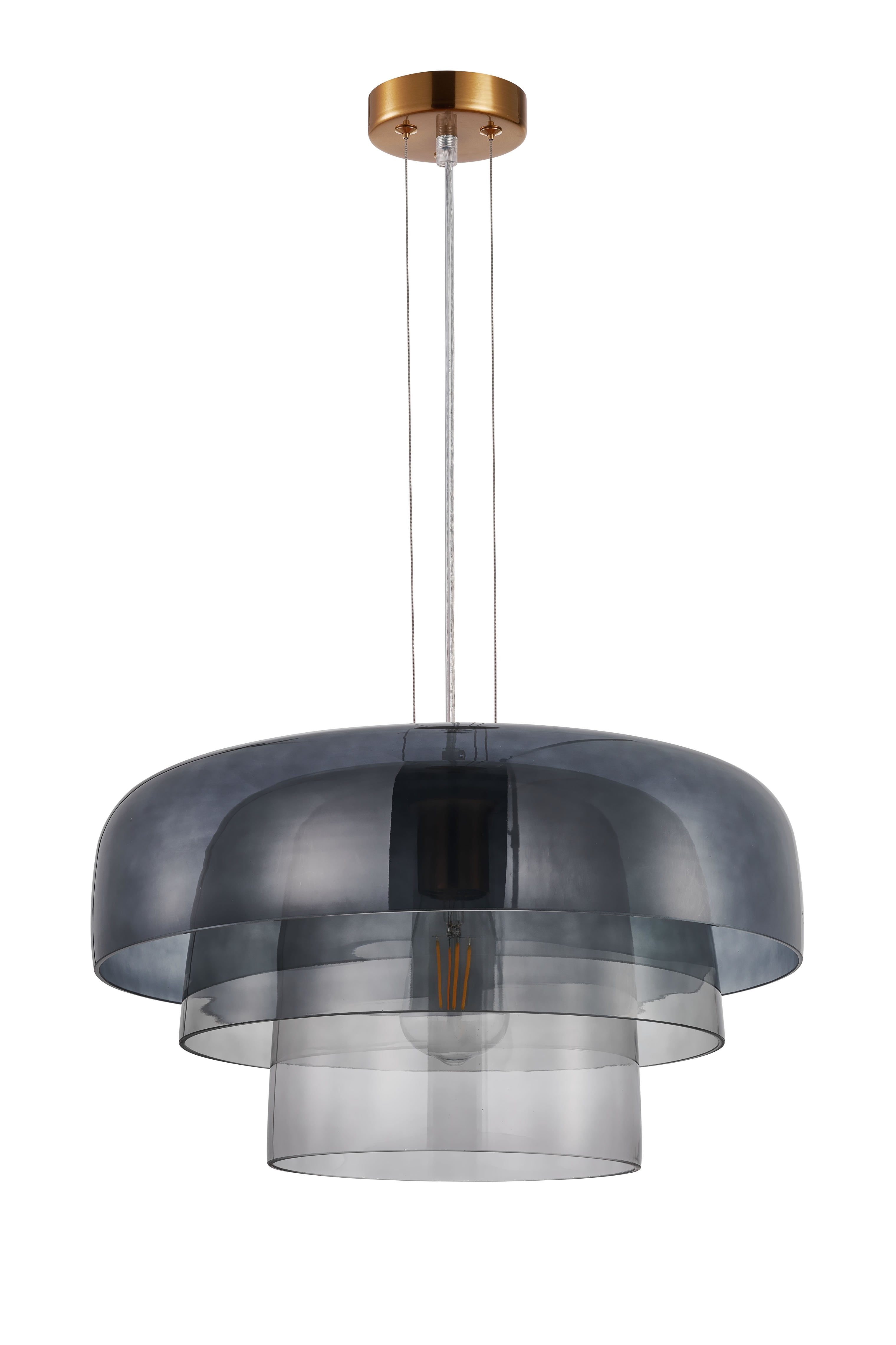 Pendant ES 40W Dome Smokey Black Glass X3 W/Brass Highlight OD 420mm