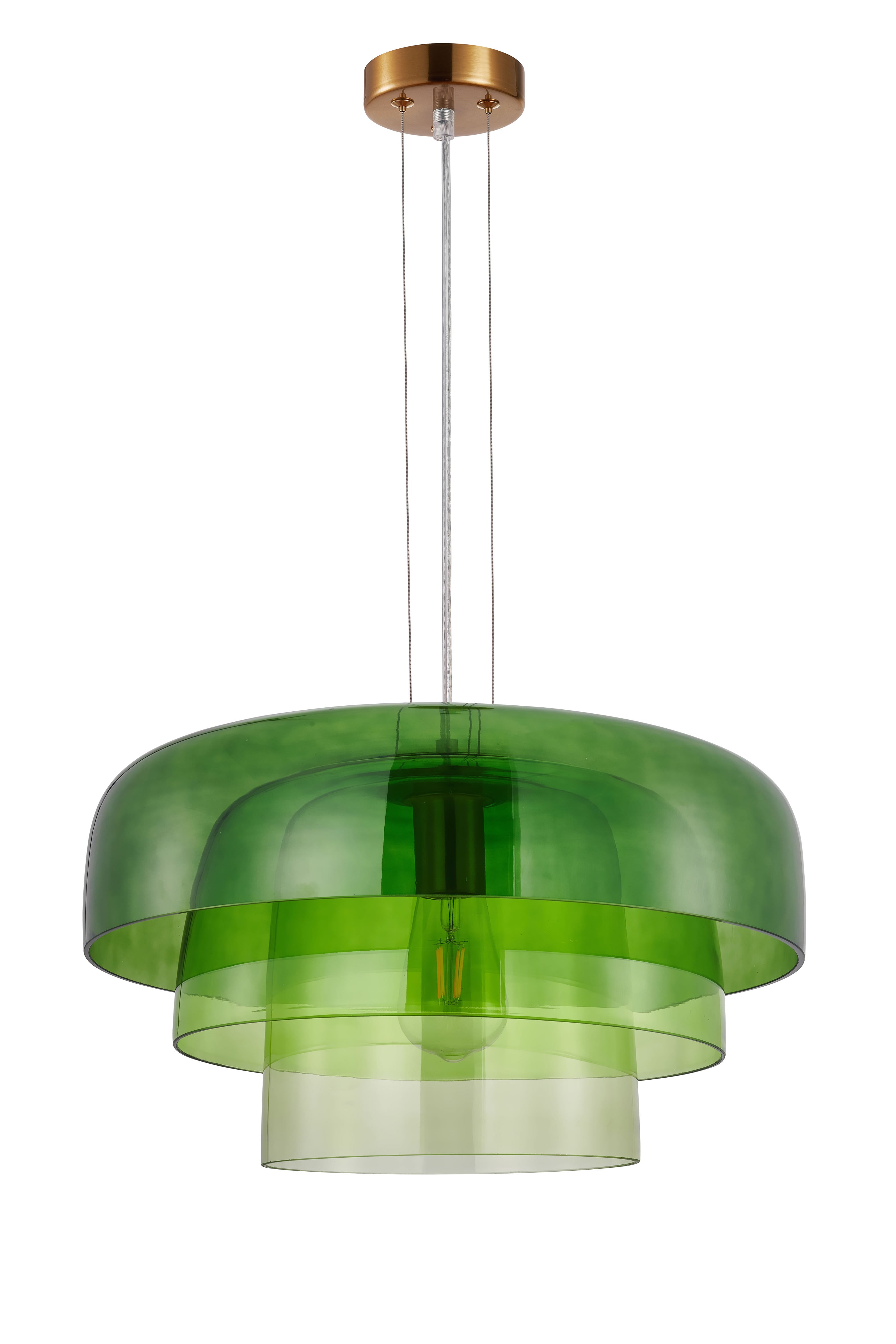 Pendant ES 40W Dome Green Glass X3 W/Brass Highlight OD 420mm