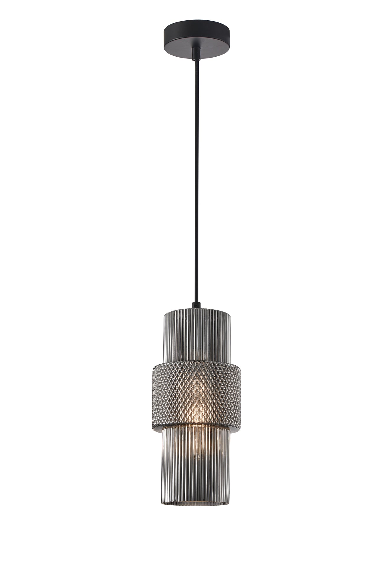 Pendant ES Smokey Black Glass (Mirror Finish) Dbl Cylinder Ribbed W/Segments OD 130mm