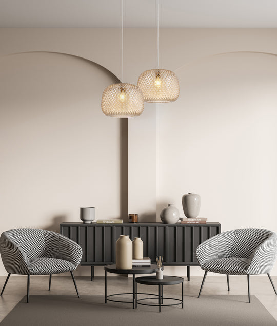 Pendant ES 40W Amber Glass W/Segments Brass Highlight Dome OD 400mm