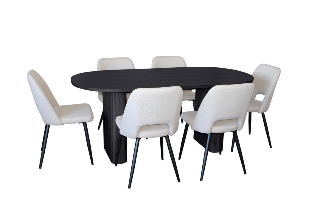 Melbyrne 7 Piece Dining Set - Black with Zad Chair - Ivory Fabric