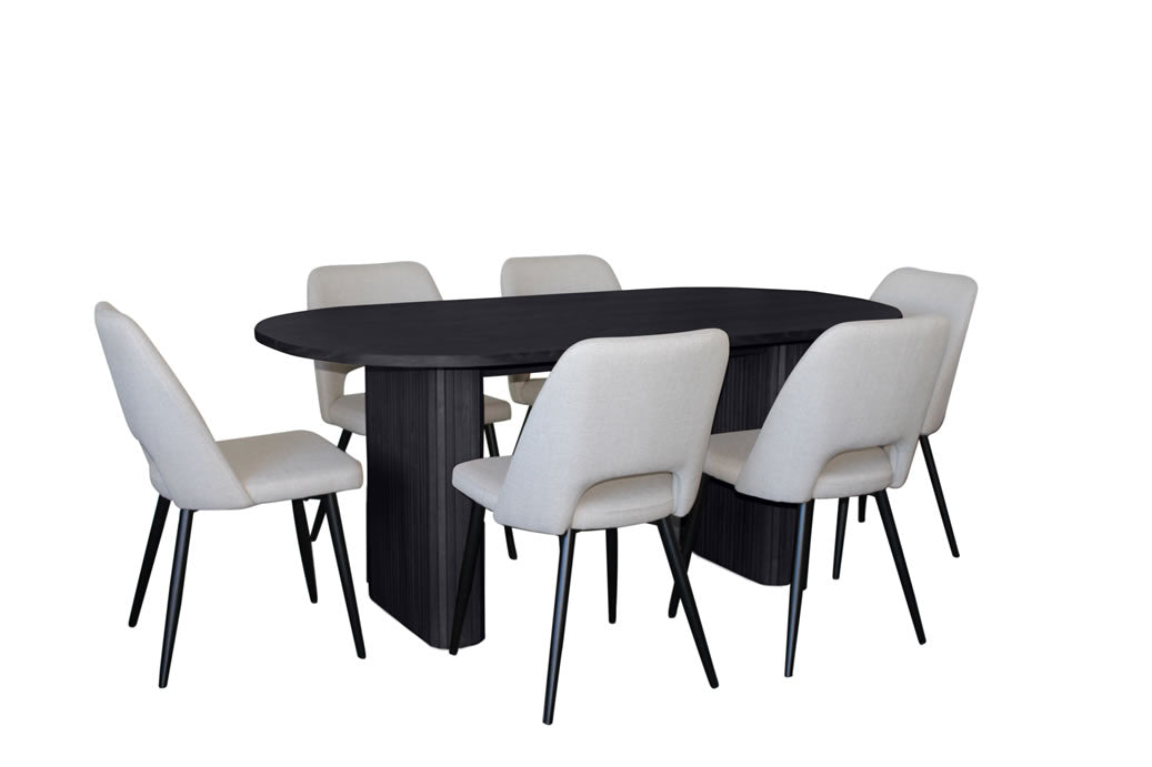 Melbyrne 7 Piece Dining Set - Black with Zad Chair - Ivory Fabric