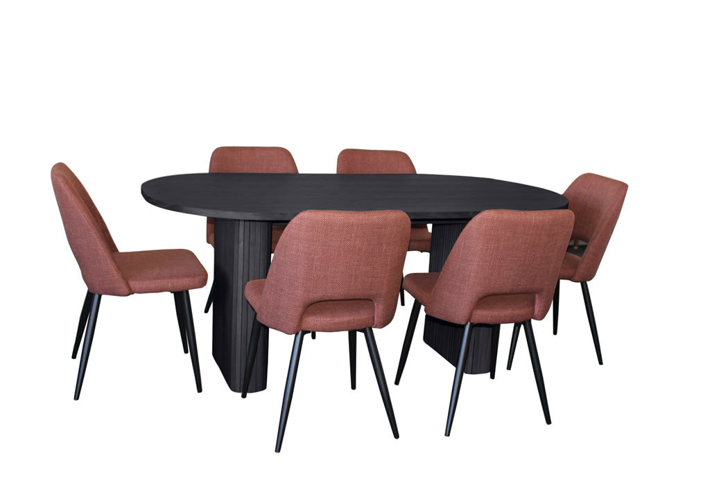 Melbyrne 7 Piece Dining Set - Black with Zad Chair - Russet Fabric