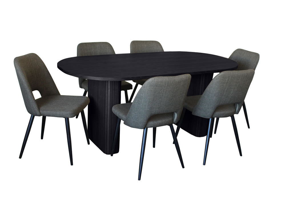 Melbyrne 7 Piece Dining Set - Black with Zad Chair - Olive Fabric