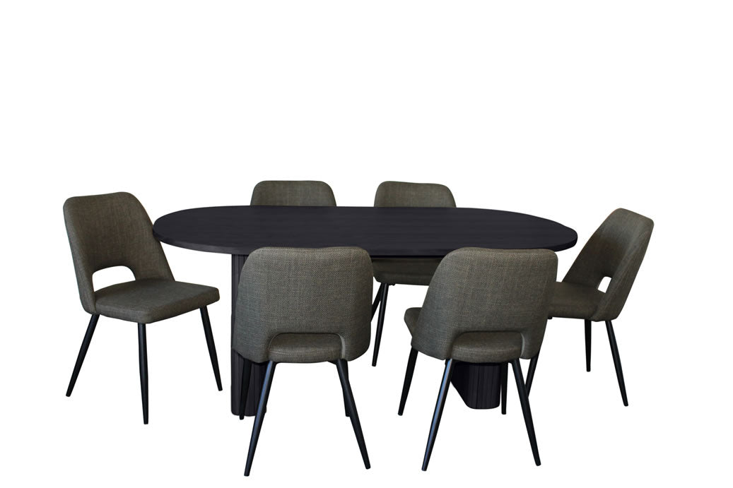 Melbyrne 7 Piece Dining Set - Black with Zad Chair - Olive Fabric