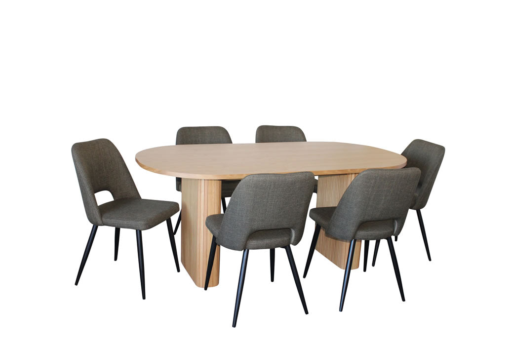 Melbyrne 7 Piece Dining Set - Natural with Zad Chair - Olive Fabric