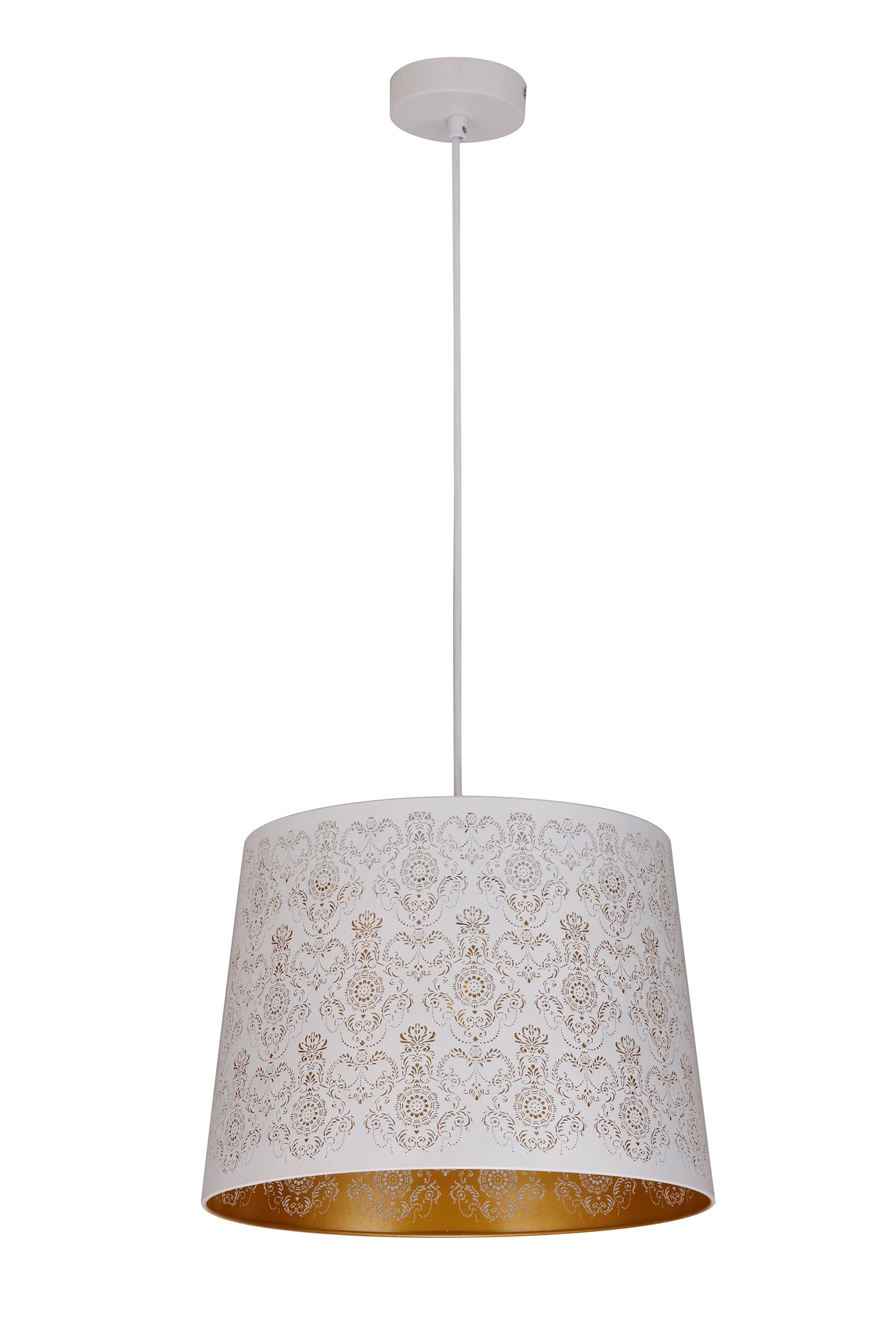 Pendant ES 60W White W/Gold Interior Iron Slanted W/Fleur Pattern OD 350 X H250 mm
