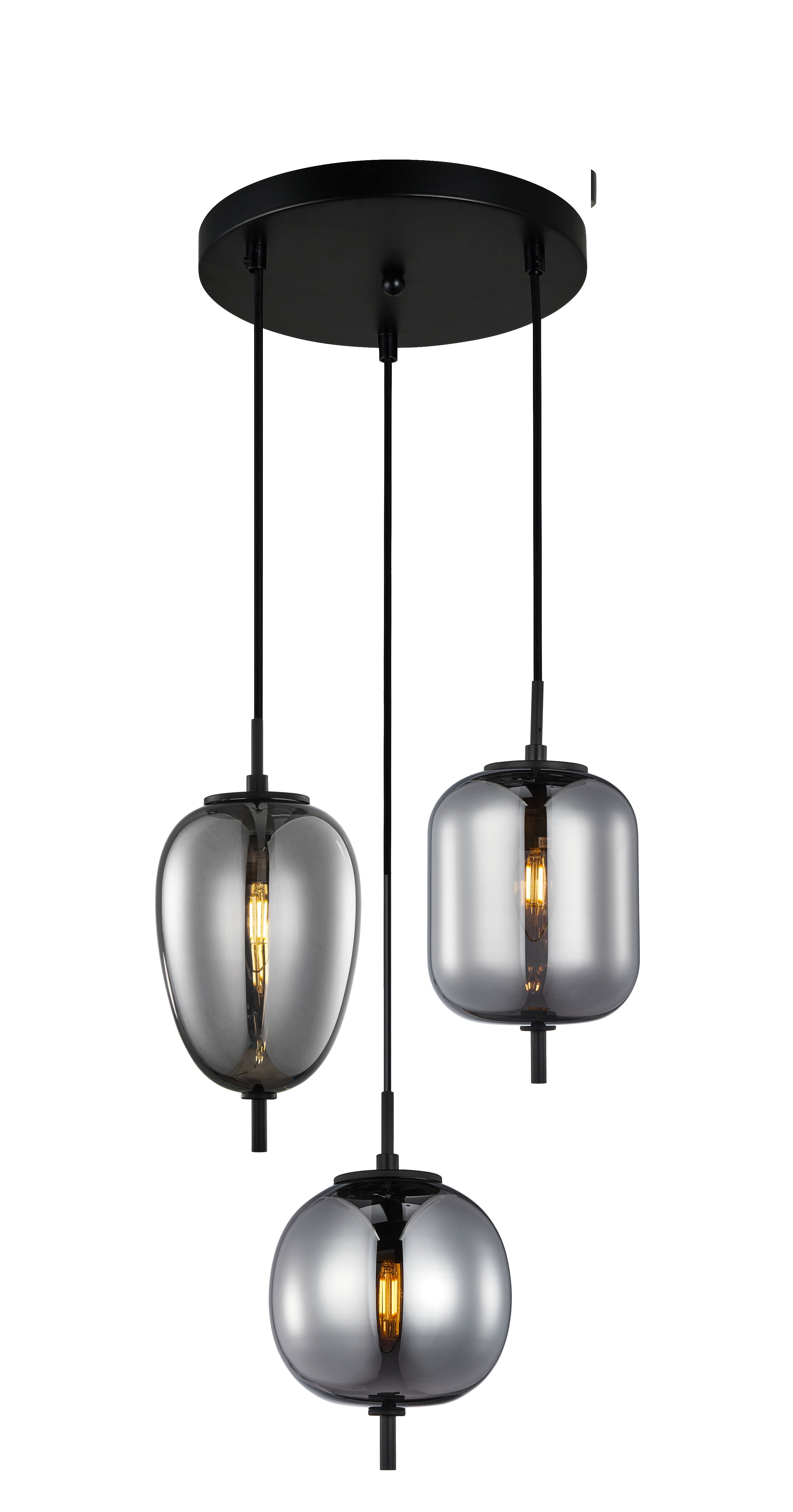 Pendant SES X 3 10W Smokey Black (Mirror Finish) Glass W/Black Highlight OD 420mm Round Base