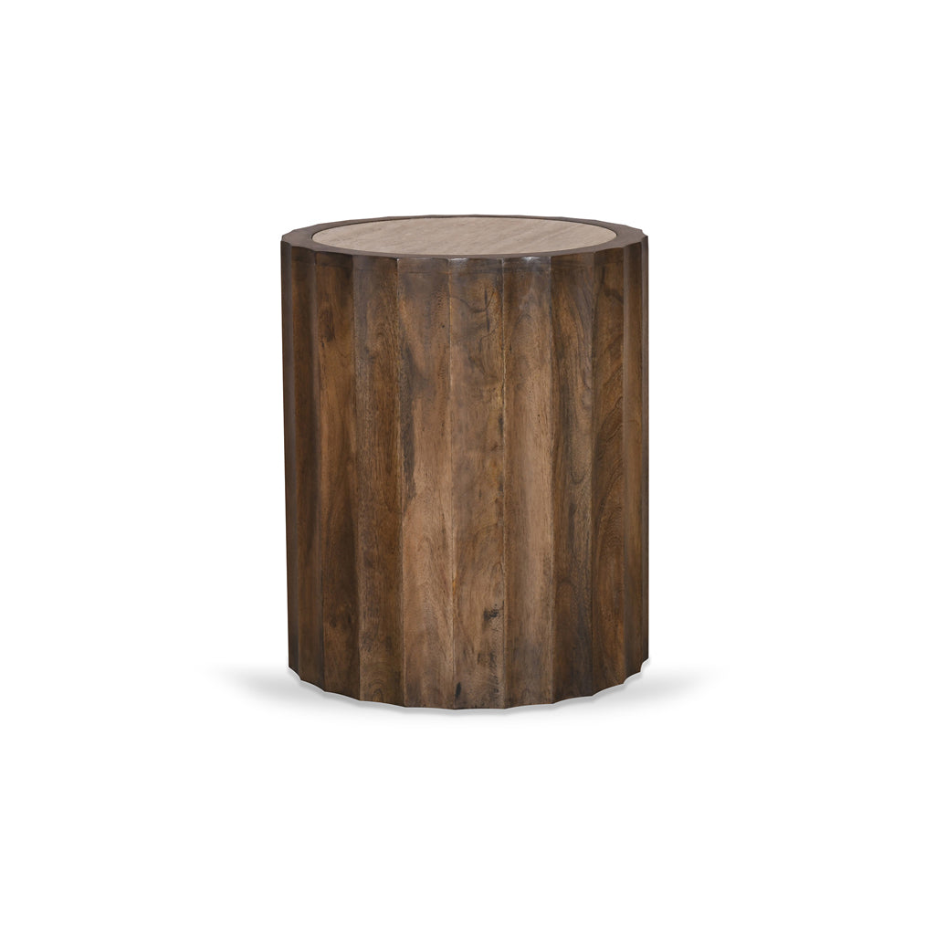 Avanti 45cm Travertine Top Round Side Table - Walnut