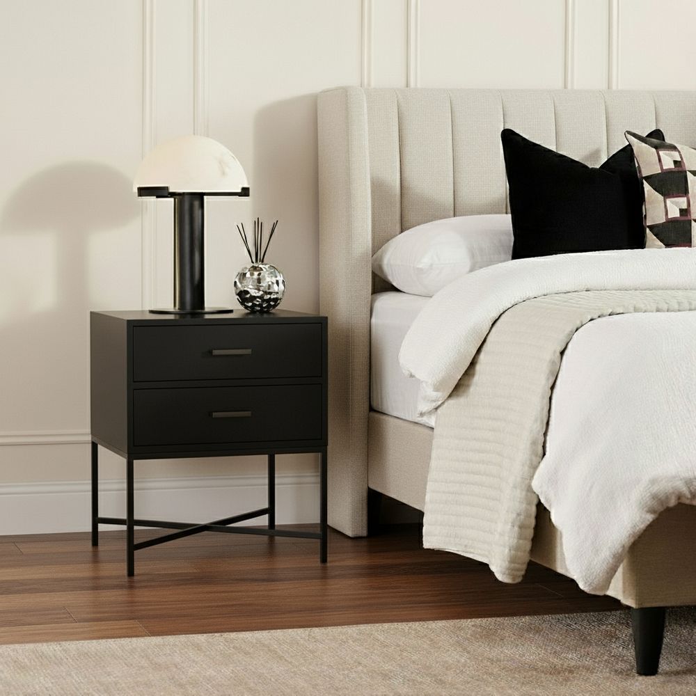 Nessa 2 Drawer Bedside Table - All Black