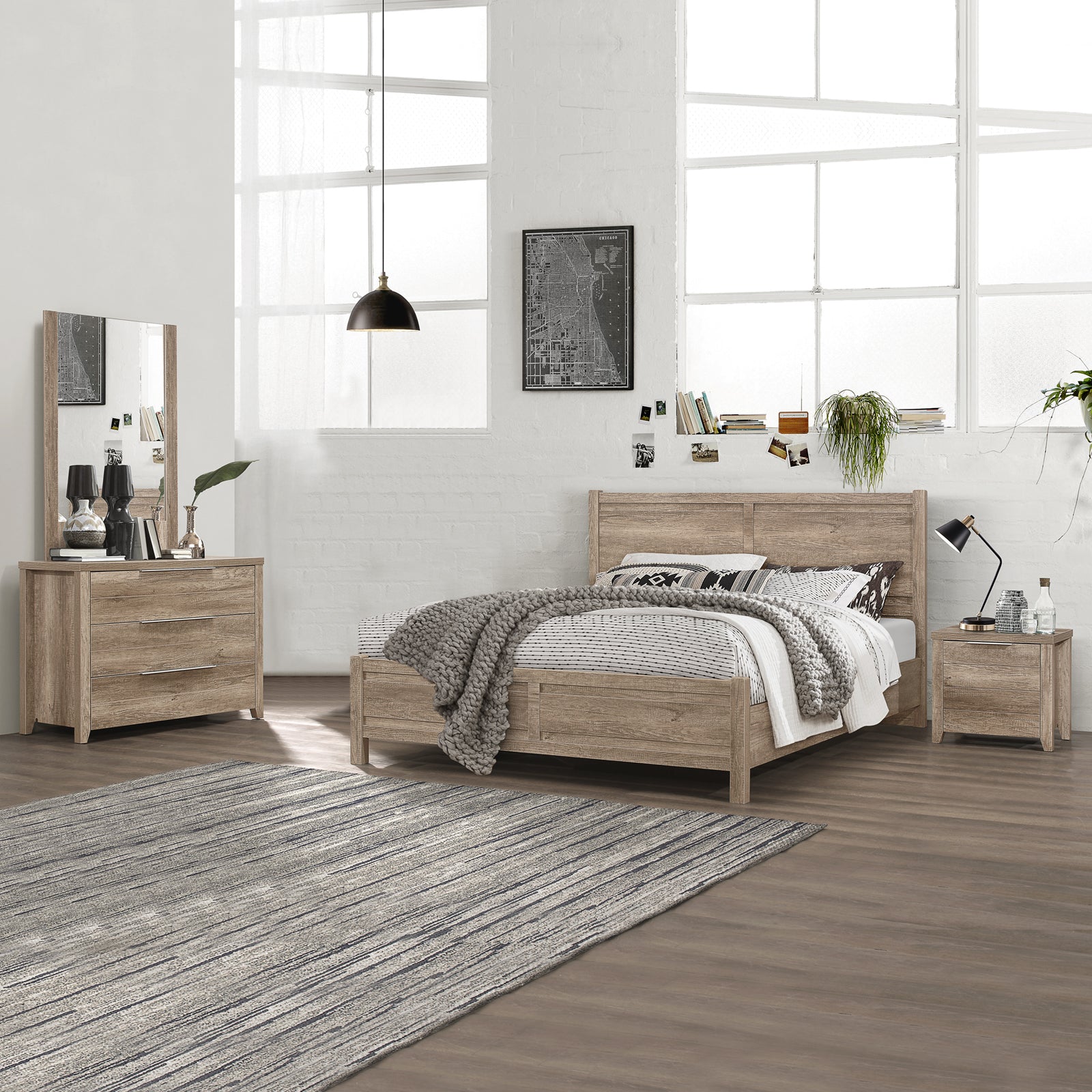 Bernice 4pcs Bedroom Suite with Dresser - King - Oak