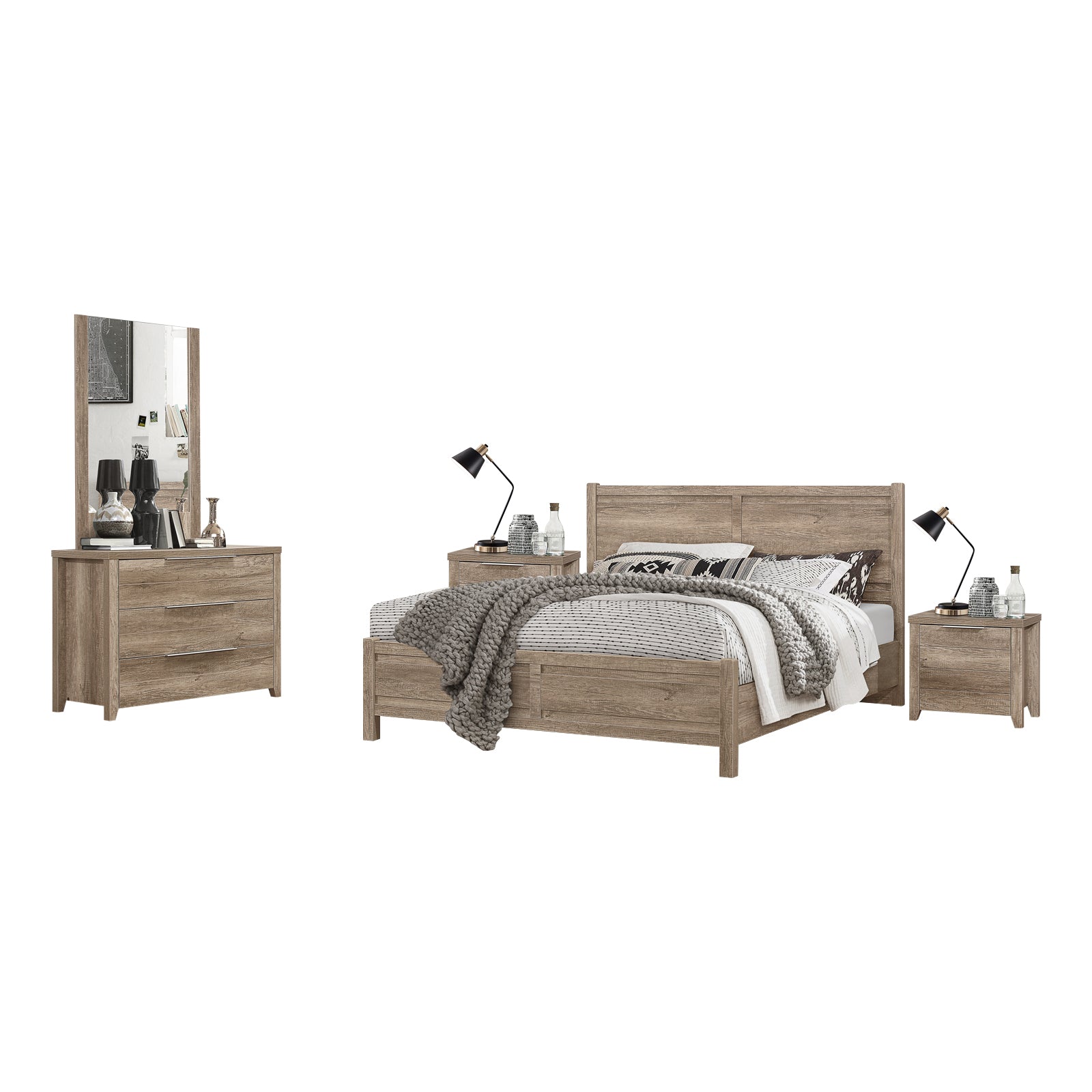 Bernice 4pcs Bedroom Suite with Dresser - King - Oak