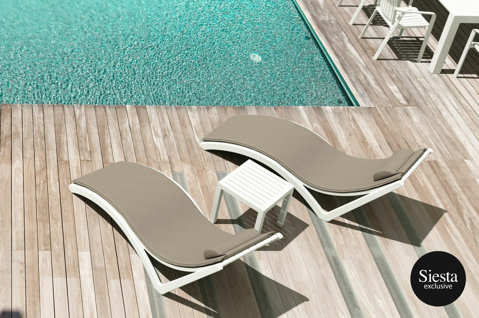 Pool Side 3 Piece Slim Sun Lounger Package with Ocean Side Table - White with Taupe Cushion