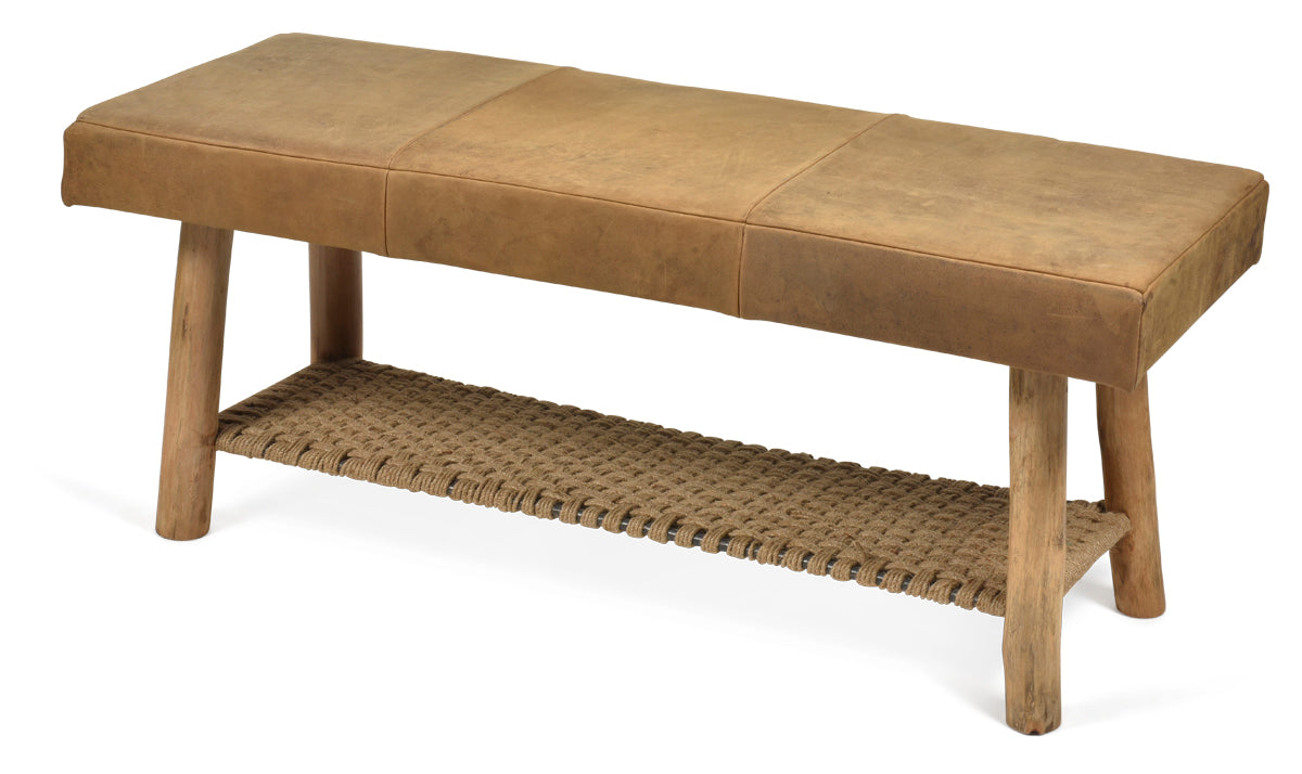 Napa Leather Bench With Jute - Tan