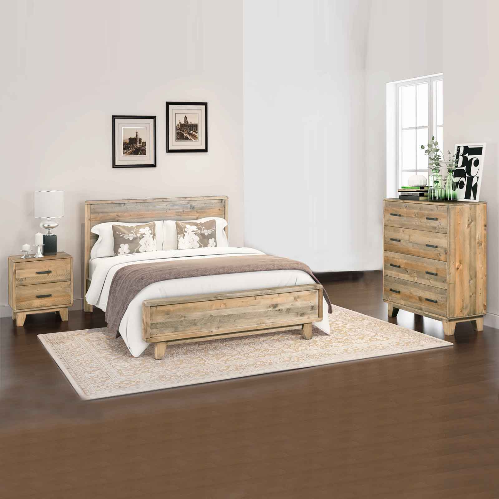 Wesley 4 Pieces Bedroom Suite King Size in Solid Wood Antique Design Light Brown Bed, Bedside Table