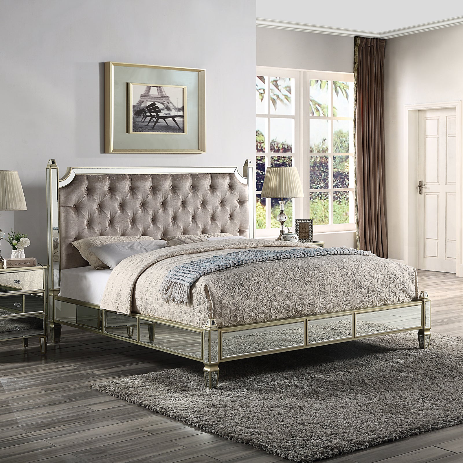 Arjan Bed with Gold Tufted Headboard - Queen